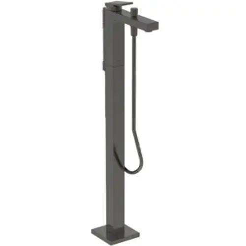 Freistehende Armatur in Magnetic Grey von Ideal Standard, mit einem langen Auslauf und einem Handbrauseanschluss, auf quadratischem Fuß montiert.